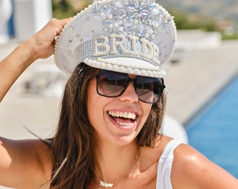Rhinestone Pearl Bride Hen Party Hat, Bride Captain Hat, Bachelorette Party Weekend Hat, Bridal Shower Gift, Bride to be gift, Honeymoon hat