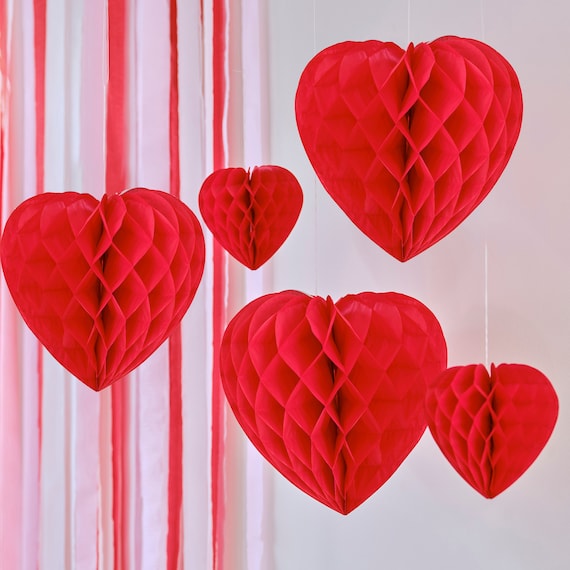 5 Honeycomb Hanging Heart Decorations, Valentines Day Decorations,  Engagement Party Decor, Wedding Decorations, Hen Bachelorette Decor 