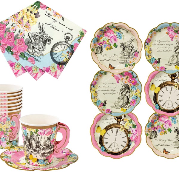 Alice in Wonderland Tea Party Pack Kit 12 invités, Alice in Wonderland Tea Party Décorations d’anniversaire, Garden Tea Party Assiettes Serviettes de table