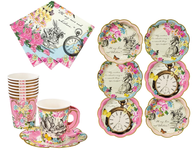 Alice in Wonderland Tea Party Pack Kit 12 Guests Alice in Wonderland Tea Party Birthday Decorations Garden Tea Party Plates