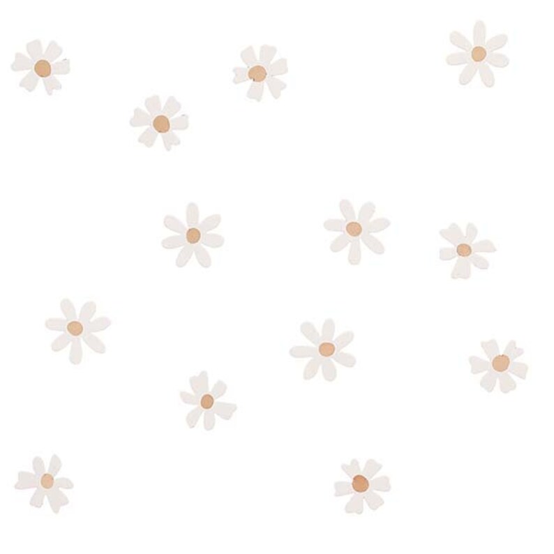 May include: White background with a scattered pattern of daisy flowers. Each daisy has white petals and a light brown center. The flowers are evenly spaced across the image.