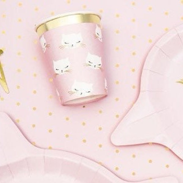 6 Kitty Cat Paper Party Cups, Kitty Cat Birthday Theme, Kitty Cat Birthday Supplies, Pink Gold Birthday Decor, Pink Gold Cups