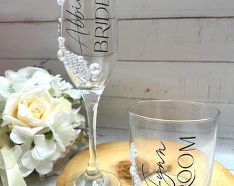 Personalised Pearl Bride Champagne Flute, Bride Groom Glass, bride to be gift, Prosecco flute, Gift for Couple, Personalised Wedding Gift