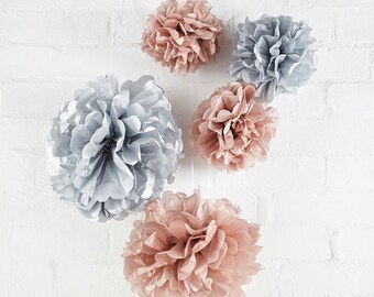 5 Rose Gold Grey Tissue Paper Pom Poms, Rose Gold Party Decorations, Neutral Baby Shower Decorations, Bridal Shower