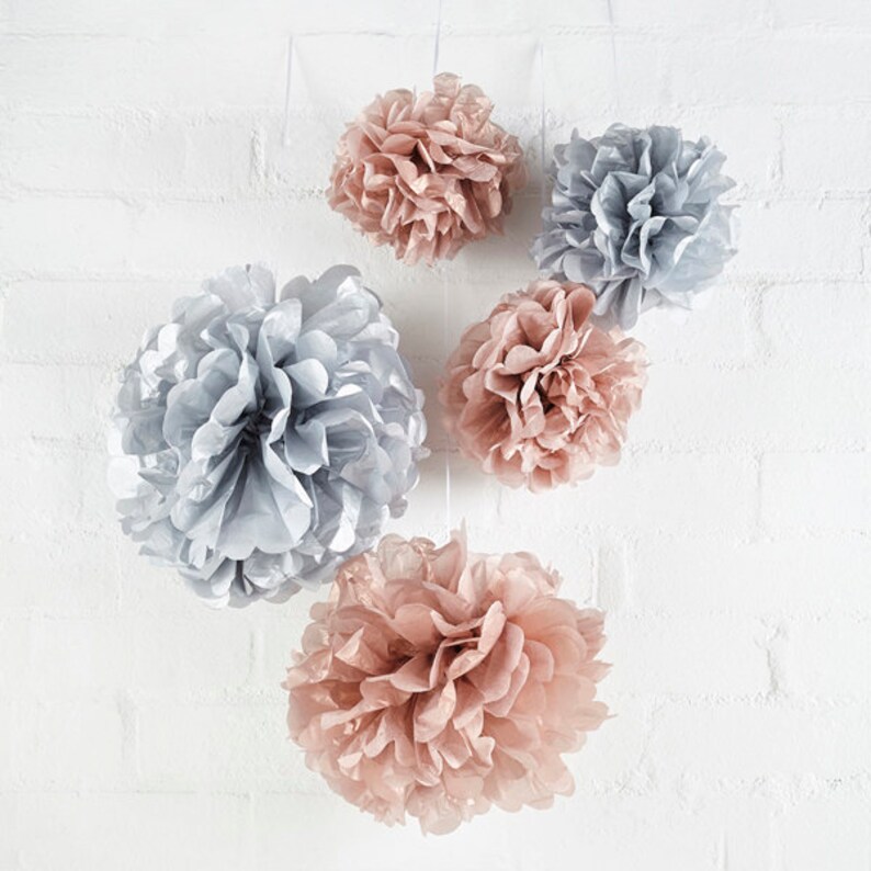 5 Rose Gold and Grey Pom Poms New Baby Party Paper Pom Poms Etsy UK