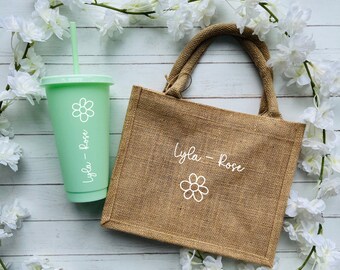 Cold Cup & Bag Set, Kids Custom Tumbler, Flower Girl Bridesmaid Gift, Travel Beach Bag, Gift for her, gift for teen