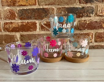 Personalised Mother’s Day mug, Mum Birthday Gift, Nanny Mug, Nana Mug, Grandma Mug, Mum Mug, Custom Mug, glass mug, glass flower mug,