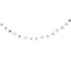May include: A daisy garland with white petals and brown and beige centers. The garland is strung together with a thin white string. The daisies are evenly spaced and create a decorative, floral accent.
