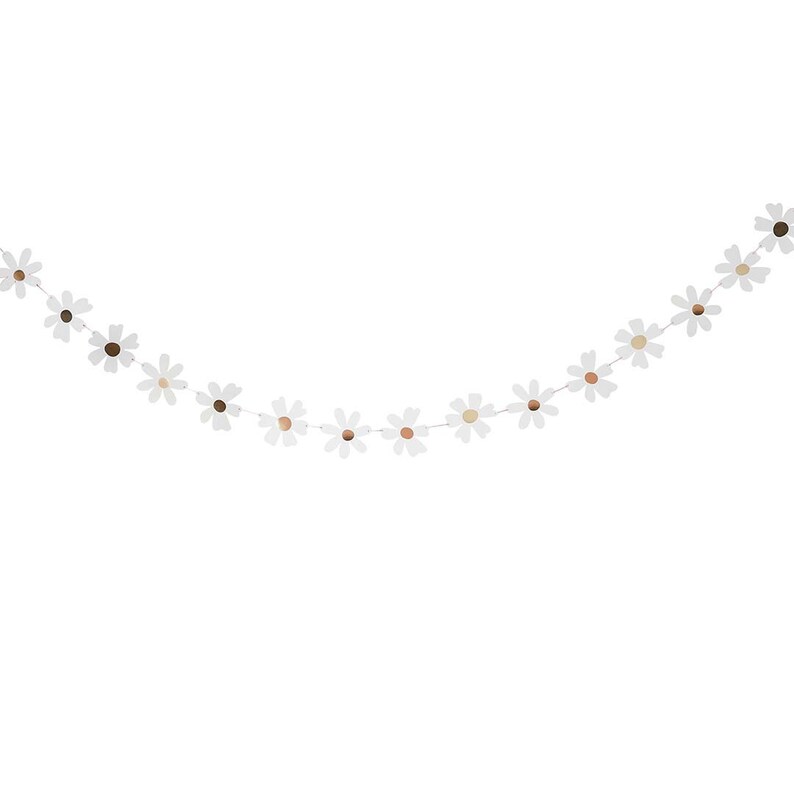 May include: A daisy garland with white petals and brown and beige centers. The garland is strung together with a thin white string. The daisies are evenly spaced and create a decorative, floral accent.