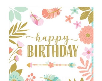 16 Floral Happy Birthday Napkins, Boho Napkins, Floral Party Supplies, Boho Birthday Supplies, Happy Birthday Napkin, 30th Birthday Supplies