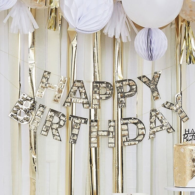 Gold Fringe Happy Birthday Banner, Gold Birthday Bunting, Gold Birthday Garland, Birthday Party Decor, Gold Party Decorations, Birthday Sign image 1