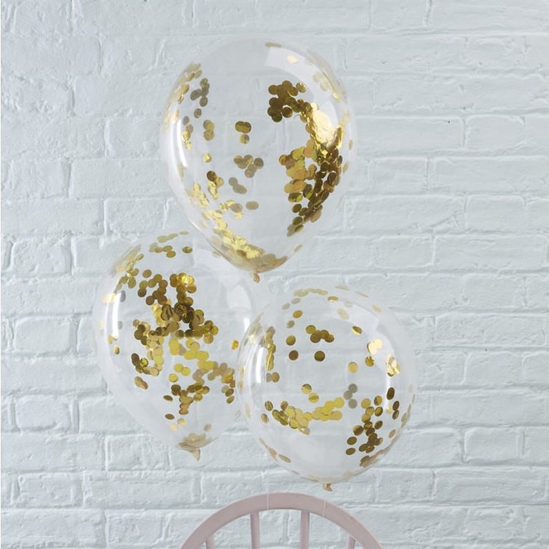 5 Gold Confetti Balloons, Wedding Balloons, Birthday, Engagement Balloons, Baby Shower, Bridal Shower, Hen Party, Bachelorette image 1