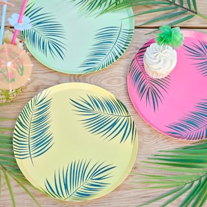 8 Hawaiian Tiki Palm Leaf Printed Paper Plates, Tropical Party Plates, Luau Party , Tiki Party Cups, Tropical Theme, Hawaiian Party