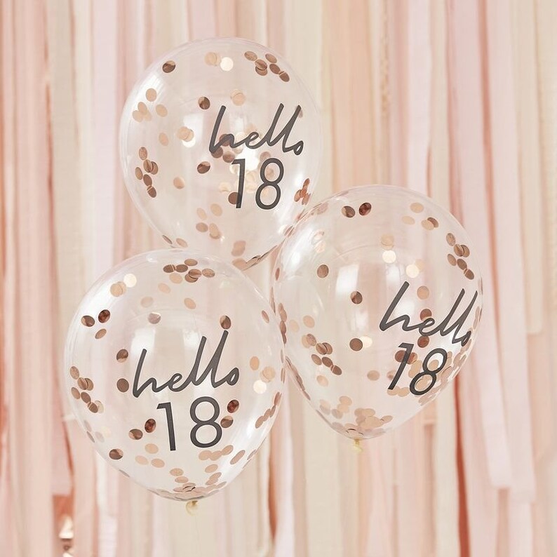 5 Hello 18 Birthday Balloons, Rose Gold Confetti Balloons, 18th Birthday Balloons, 18th Birthday Decor, 18th Party Supplies, Rose Gold Decor image 1