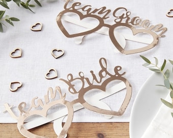 8 Rose Gold Wedding Photo Prop Glasses, Team Bride, Team Groom, Wedding Photo Booth, Wedding Selfie, Table Photo Props, Photo Booth Props,