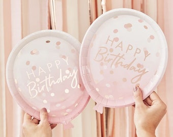 8 Rose Gold Balloon Shaped Party Plates, Happy Birthday Plates, Rose Gold Paper Plates, Birthday Paper, Disposable Plates, 1st Birthday