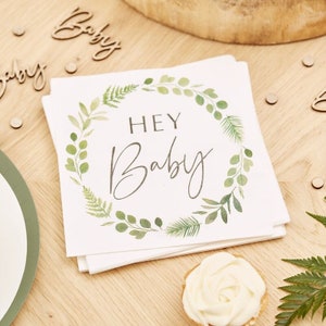 16 Botanical Hey Baby Napkins, Baby Shower Napkins, Baby Shower Tableware, Eucalyptus, Botanical Baby Shower, Eco Baby Shower, Boho Baby