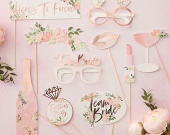 Hen Party Junggesellinnenbude Rose Gold Foto stand Requisiten, Team Bride, Floral Henne Party, Junggesellinnenspiel, Selfie Props, Foto stand, Henne Spiel