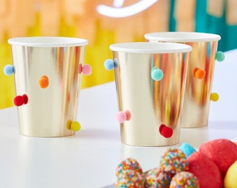 8 Gold Pom Pom Party Cups, Rainbow Party Cups, Gold Party Decor, Rainbow Party Decor, Rainbow Birthday Party, Rainbow Baby Shower