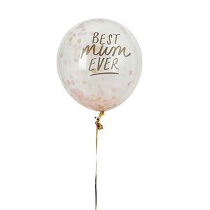 May include: A clear balloon with pink confetti and the text "BEST mum EVER" in black script. The balloon is tied with a gold ribbon, perfect for a Mother's Day celebration or a special event.