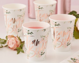 8 White Floral & Rose Gold Foiled Team Bride Cups, Floral Hen Party, Paper Party Cups, Bachelorette Cups, Hen Party Cups, Rose Gold Cups