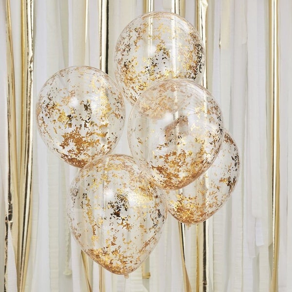 5 Gold Confetti Balloons, Gold Birthday Balloons, Wedding Balloons, Engagement Balloons, Baby Shower, Bridal Shower, Hen Party