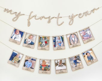 My First Year Wooden Baby Photo Bunting, First Birthday Monthly Photo Bunting, 1st Birthday, First 1st Birthday Decor, Photo Garland