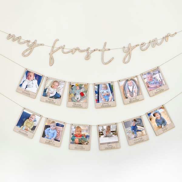 Foto-Wimpelkette „Mein erstes Jahr“ aus Holz für Babys, monatliche Foto-Wimpelkette zum ersten Geburtstag, 1. Geburtstag, Dekoration für den ersten 1. Geburtstag, Fotogirlande