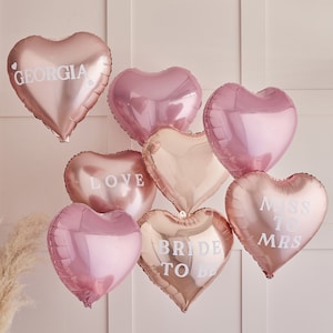 8 Personalised Hen Balloons, Hen Party Balloons, Rose Gold Hen Decor, Heart Balloons, Rose Gold Bachelorette Decor, Customisable