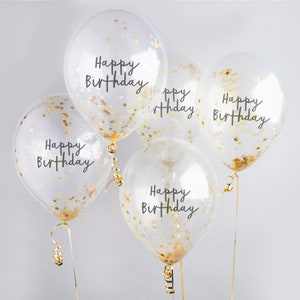 5 Gold Confetti Balloons, Happy Birthday Balloons, Gold Party Decorations, Gold Party Balloons, Birthday Balloons, Birthday Party Balloons