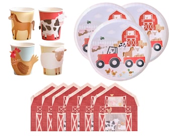 Farm Animal Party Pack Kit für 8 Gäste, Farm Animal Party Dekorationen, Bauernhof Teller Servietten Tassen, Farm Animal Party Theme