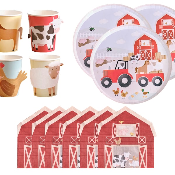 Farm Animal Party Pack Kit for 8 Guests, Farm Animal Party Decorations, Farm Plates Napkins Cups, Farm Animal Party Theme