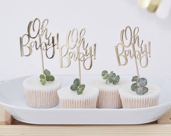 12 Oh Baby Cupcake Toppers, Gold Baby Shower, New Baby, Baby Shower Cupcake Cake Toppers, Cake Decorations, Baby Shower Cake
