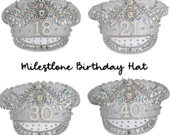 Chapeau de perle en strass d'anniversaire d'étape, chapeau de capitaine, chapeau de fête d'anniversaire, cadeau d'anniversaire, souvenir, 18e, 21e, 30e, 40e anniversaire, anniversaire