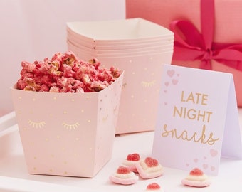 8 Pink Late Night Snack Bar Midnight Feast Kit, Pamper Party Decorations, Pink Popcorn boxes, Pink Snack boxes, Slumber Sleepover party