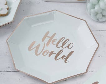 8 Hello World Paper Plates, Rose Gold Baby Shower, Mint and Rose Gold, Party Plates, Baby Shower Plates