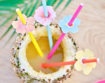 16 Hawaiian Paper Party Straws with Flower Toppers, Flowers Paper Straws, Birthday Straws, Paper Straws, Hawaiian Party, Tropical Tableware