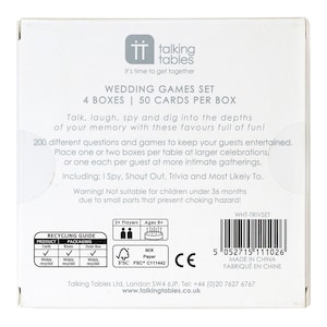May include: A white box with a blue and white logo for Talking Tables. The box contains a wedding games set with 4 boxes and 50 cards per box. The box has a recycling guide and a warning that the game is not suitable for children under 36 months due to small parts that present a choking hazard.