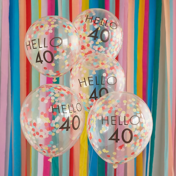 5 40th Birthday Rainbow Confetti Balloons, Hello 40 Party Decorations, Fortieth Birthday Balloons, 40th Birthday Party Decorations