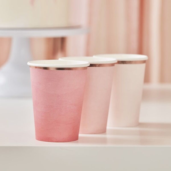 8 Rose Gold and Pink Ombre Party Cups, Rose Gold Paper Cups, Birthday Paper Cups, Baby Shower Cups, Bridal Shower Cups, Rose Gold Party