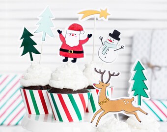 7 kerst cupcake toppers, Kerst Cake toppers, vakantie taart topper, feestelijke taart topper, kerst picks, kerst toppers