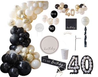 Décorations du 40e anniversaire en or noir, décorations de fête du 40e, bandeau du 40e, ceinture du 40e, assiettes du 40e tasses, ballons du 40e anniversaire, neutre