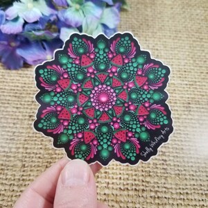Pegatina Mandala de punto de sandía / Diseño pintado a mano de 3x3" / Resistente a los arañazos, impermeable, apto para lavavajillas