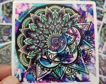 Half Traditional & Half Dot Mandala Sticker | 3x3" | Purple, Blue, Silver | Scratch-Resistant, Waterproof, Dishwasher-Safe