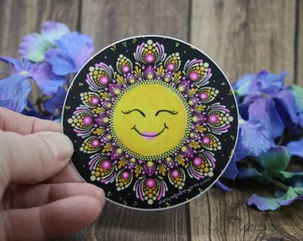Happy Sunny Mandala Sticker | 3" | Hand-Painted Design | Scratch-Resistant, UV-Resistant, Waterproof, Dishwasher-Safe
