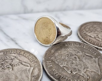 Massive silver signet ring and coin 10 Francs gold Napoleon III laurel head (corner ring)