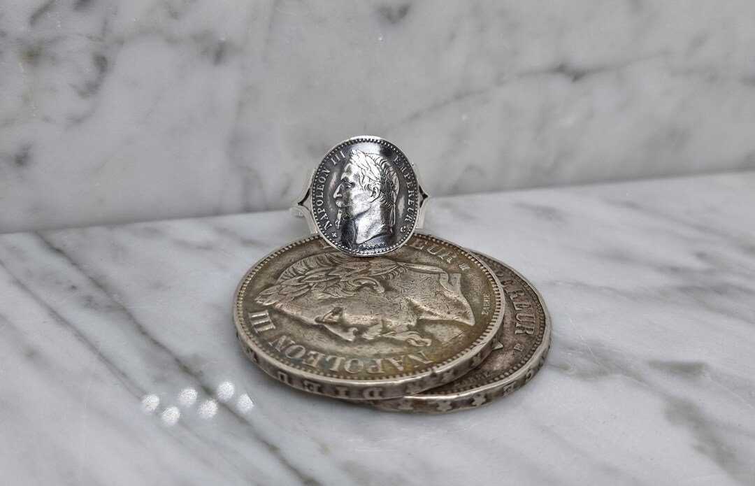 Bague Monnaie 50 Centimes Napoléon III En Argent - Neuf Avec étiquettes - AntiqueCoinRings