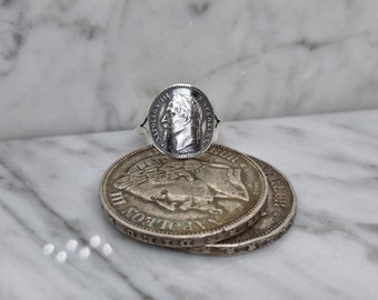 Coin ring 50 Centimes Napoleon III curved laureate head in silver.