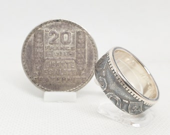 20 Francs Turin coin ring in silver alliance style with engraving (corner ring)