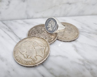 Massive signet ring coin 50 centimes Napoleon III in silver (corner ring)